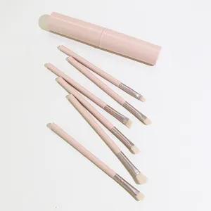 Portable 6-piece pink makeup brush set with round case for delicate eye shadow and contour.