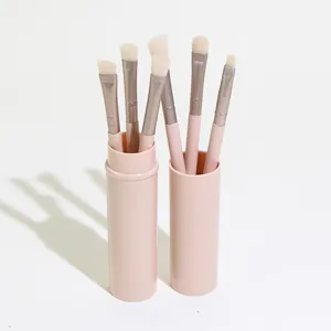 6-piece eye makeup brush set with portable pink round container for precise shadow application.