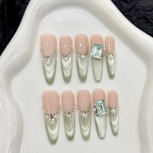 Luxus handgemachte künstliche Nägel lang grüne Katzenauge Kristalle elegante Nagelkunst