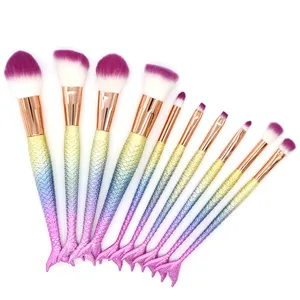 Set de 10 brochas de maquillaje de sirena con mangos de escama de pez 3D para la belleza.