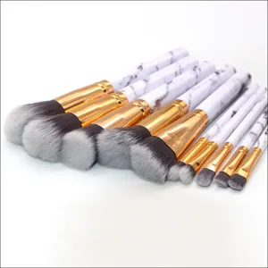 10pcs marble makeup brush set with golden ferrule and soft synthetic bristles for daily use.