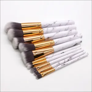 10-piece marble makeup brush set with gold ferrule and soft synthetic bristles for daily use.