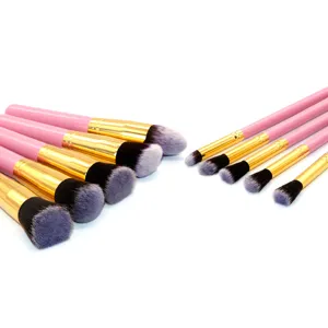 Kit de pinceaux de maquillage de 10 pièces avec manches en bois rose et poils doux et précis.