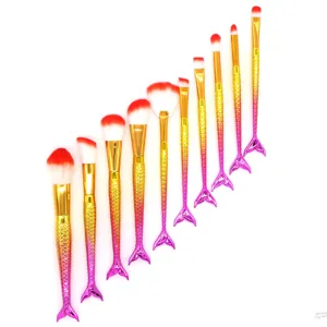 Set de 10 brochas de maquillaje sirena con mango degradado de escamas de pez pro