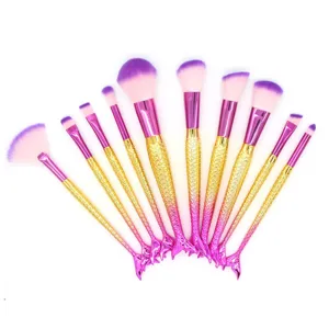 Set de 10 brochas de maquillaje de sirena con mango de cola de pez para belleza facial.