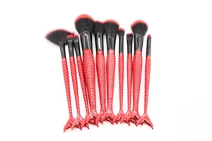 Set de 10 brochas de maquillaje sirena mango escama de pescado rojo herramientas cosméticas