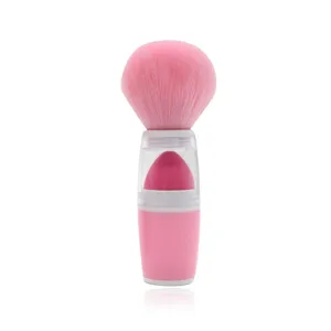 2-in-1 makeup brush and sponge set, portable pink powder blush brush and beauty blender tool.