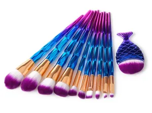 Detailed view of colorful diamond handle makeup brushes and mermaid tail brush set.