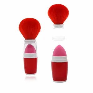 2-in-1 makeup brush and sponge set portable red cosmetic tool for blending and powder.