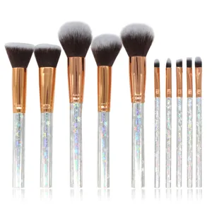 10-piece makeup brush set with holographic handles and soft synthetic hair bristles.