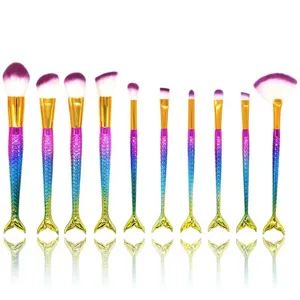 Juego de Brochas de Maquillaje de Sirena Profesionales con Degradado Con Mango de Plástico de Escamas de Pez 3D Herramientas de Belleza de Fibra Sintética para Mujer