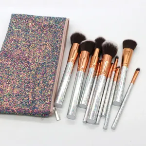 Detailed view of the 10-piece makeup brush set featuring holographic handles and pouch.