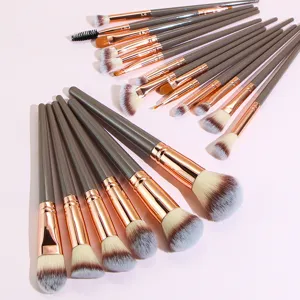 20-piece makeup brush set with brown handles and soft synthetic fibers for face and eye makeup