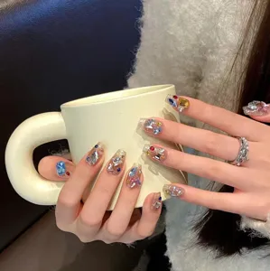Handmade luxury press-on nails with colorful rhinestones, reusable long coffin fake nails.