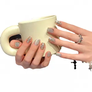 Handmade press-on nails grey cat eye rhinestone luxury fake nail art tips set for women