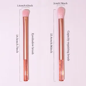 Pink makeup brush detail view showing precise dimensions and soft bristles for eye makeup.
