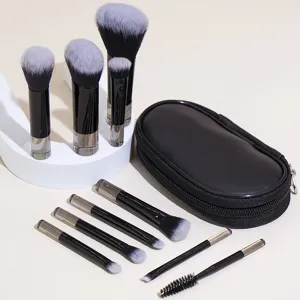 Mini 10-piece makeup brush set with portable case, perfect travel cosmetic tool kit for daily use.