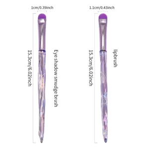 Purple spiral handle makeup brush detail showing eye shadow smudge brush and precise lip brush.