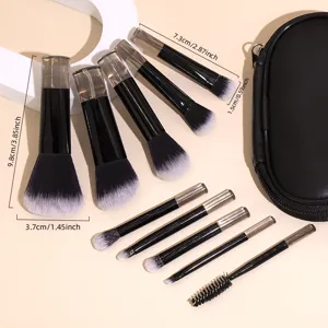 Mini makeup brush set detailed view showing compact size, soft bristles and black travel pouch.