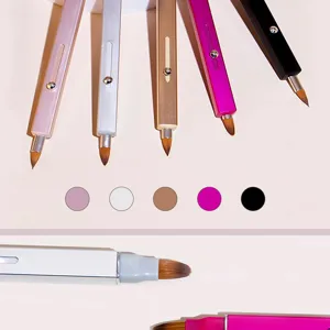 Detailed view of dual-head retractable lip makeup brush with smooth metal handle in multi colors.