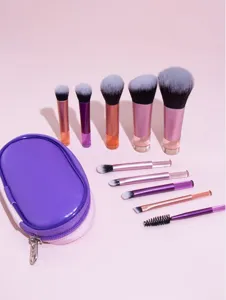 Detailed view of the 10-piece mini makeup brush set with purple travel case, portable and compact.