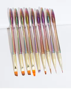 9-piece professional nail art brush set with iridescent handle for gel painting and manicures.