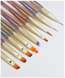 Detailed view of a 9-piece professional nail art brush set with gradient handles for fine liner and gel.