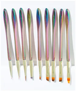 Detail view of 9-piece nail art brush set featuring vibrant rainbow handles for professional use.