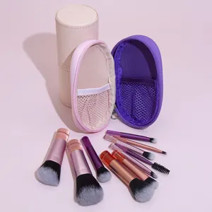 Portable mini makeup brush set with travel case, essential tools for daily beauty and travel.