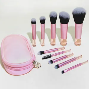 10-piece mini makeup brush set with portable pink storage bag, travel makeup tools.