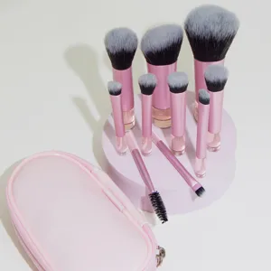 10pcs mini makeup brush set with portable pink pouch, professional cosmetic tool kit for travel.