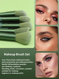 Detailed view of 13-piece professional green makeup brush set with soft bristles for makeup.