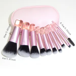 10-piece mini makeup brush set with pink portable cosmetic bag, crystal handle design.