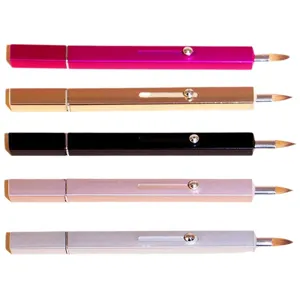 Retractable lip brush with metal case, portable makeup tool, smooth application brush.