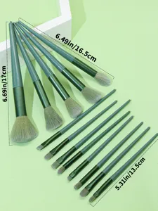 Detailed view of the 13-piece green makeup brush set with precise length measurements.