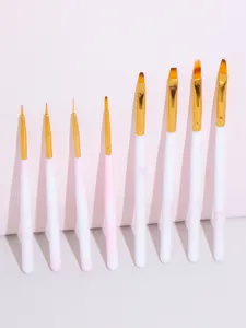 Professional acrylic nail art brush set with gradient pink handles for precise line drawing.