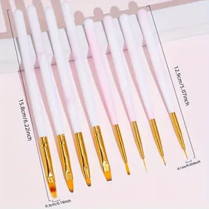 Professional acrylic nail art brush set detail showing various fine liner and flat painting tools.