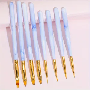 Professional acrylic nail art brush set with marble handles for detailed painting and lines.