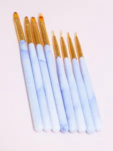 Professional nail art brush set detailed view, showing various fine liner and painting tips.