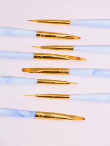 Professional nail art brush set detail featuring fine liner and flat gel brushes.