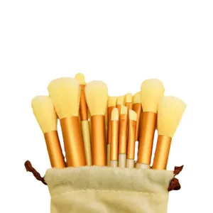 Professional makeup brush set with soft synthetic bristles, gold handles, and storage pouch.