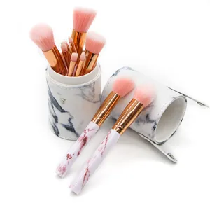10-piece marble makeup brush set with PU leather holder, professional cosmetic tools for beauty.