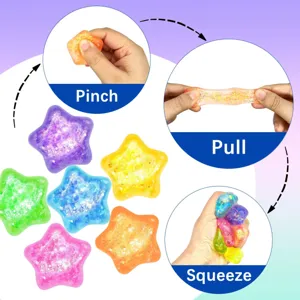 Close-up detail showcasing the pull, pinch, and squeeze features of glitter star stress balls.