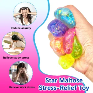 Colorful star maltose stress relief ball, glitter sensory toy for anxiety and hand fidget play.