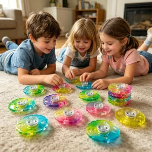 Szenendetail spielender Kinder mit bunten Acryl Spinnern, lustiges Entspannungsspielzeug Setup.