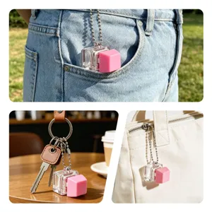 Close-up detail shot of the mini square single-key decompression toy hanging on bags and keys.