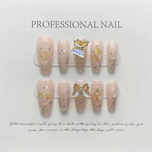 Unghie Finte Fatte a Mano Rosa Nude Coffin Unghie Finte 3D Farfalla Girevole Strass Glitter Acrilico Unghie Finte