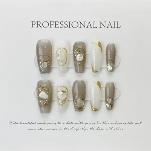Uñas Postizas Hechas a Mano Elegante Corazón Perla Strass Degradado Cobertura Total Reutilizable para Mujer