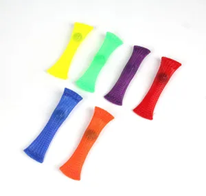 Close-up details of colorful mesh and marble fidget toys, flexible stress relief sensory toys.