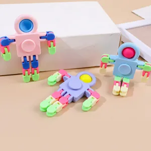 Flexible astronaut joint fidget toys with popping bubbles, detailed view of colorful robot shapes.